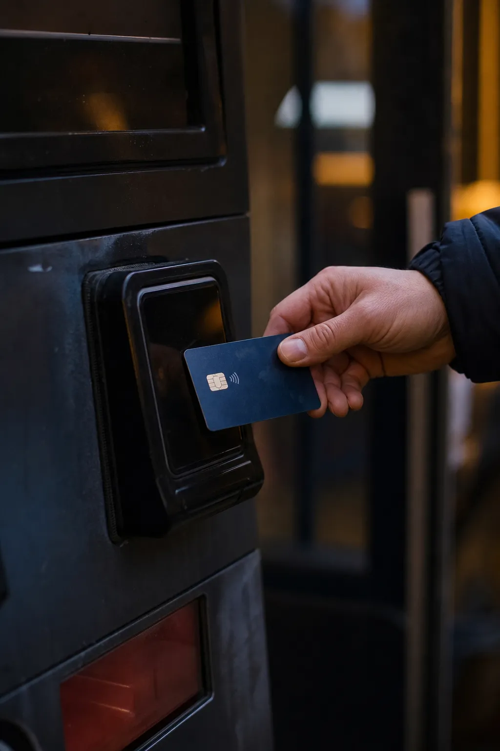 Customer tapping a credit card on an unattended kiosk payment reader