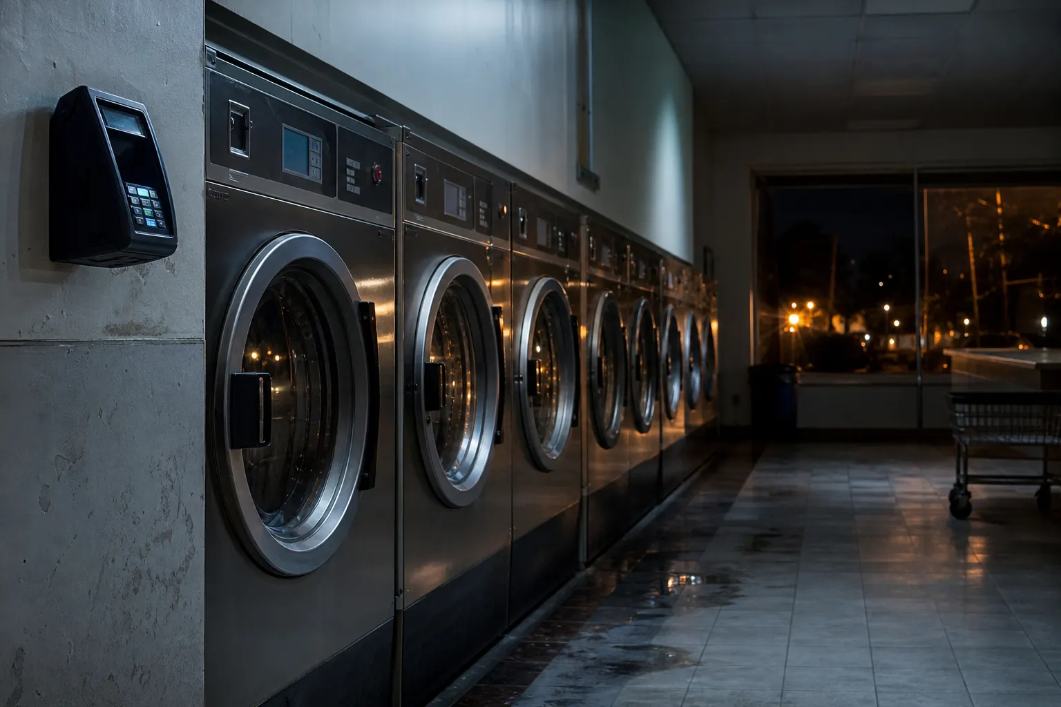 Row of washing machines in a laundromat at night with an unattended payment terminal
